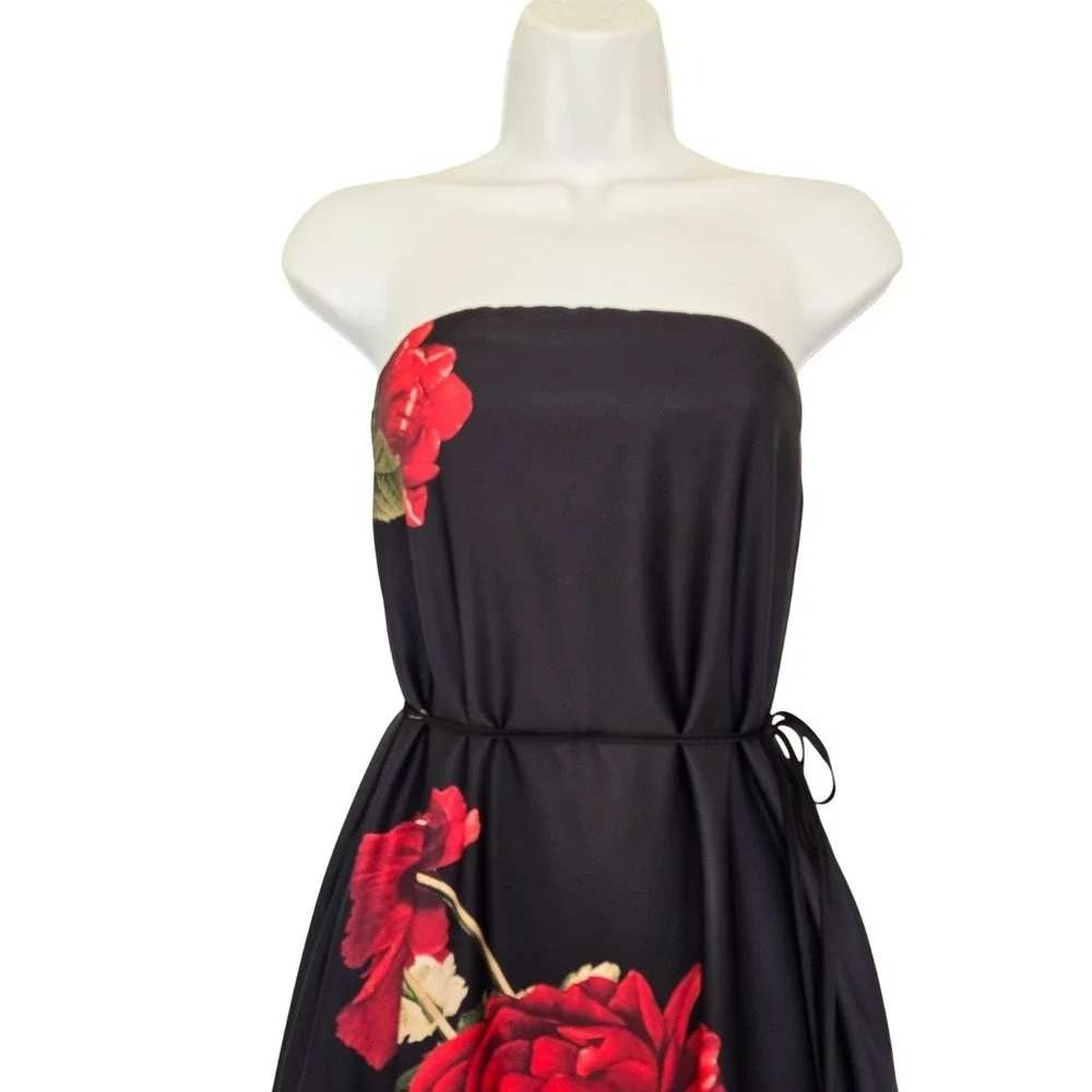 Nicole Miller Dress Womens L Black Floral Strapless Midi Red Rose Goth Romantic - Picture 6 of 11